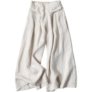 Hooever Women’s Cotton Linen Culottes Pants Elastic Waist Wide Leg Palazzo Trousers Capri Pant(Beige)