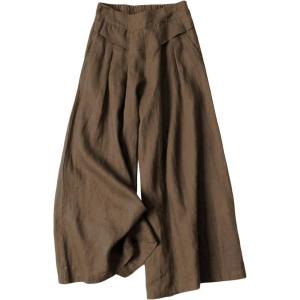 Hooever Women’s Cotton Linen Culottes Pants Elastic Waist Wide Leg Palazzo Trousers Capri Pant(Darkkhaki)