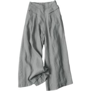 Hooever Women’s Cotton Linen Culottes Pants Elastic Waist Wide Leg Palazzo Trousers Capri Pant(Grey)