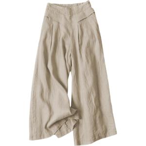 Hooever Women’s Cotton Linen Culottes Pants Elastic Waist Wide Leg Palazzo Trousers Capri Pant(Lightkhaki)