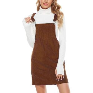Hooever Women’s Cute Corduroy Overall Bib Dress Pinafore Suspender Dress Skirt Jumper(Brown-dress)