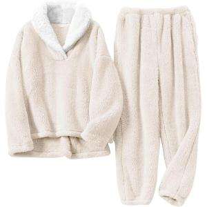 Hooever Women’s Fluzzy Sherpa Fleece Pajamas Warm Pullover Lapel Sleepwear Sets(Beige)