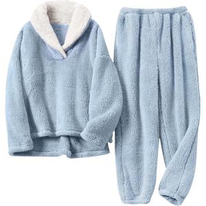 Hooever Women’s Fluzzy Sherpa Fleece Pajamas Warm Pullover Lapel Sleepwear Sets(Blue)