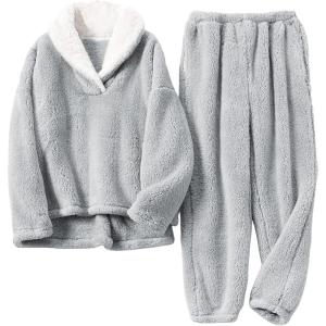 Hooever Women’s Fluzzy Sherpa Fleece Pajamas Warm Pullover Lapel Sleepwear Sets(Grey)