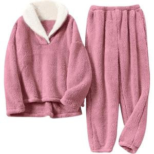 Hooever Women’s Fluzzy Sherpa Fleece Pajamas Warm Pullover Lapel Sleepwear Sets(Pink)
