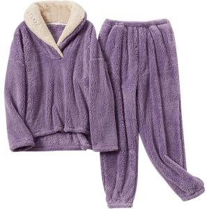 Hooever Women’s Fluzzy Sherpa Fleece Pajamas Warm Pullover Lapel Sleepwear Sets(Purple)