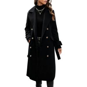 Hooever Women’s Long Wool Coat Fall Winter Notched Lapel Double Breasted Trench Coat Peacoat with Belt(Black)