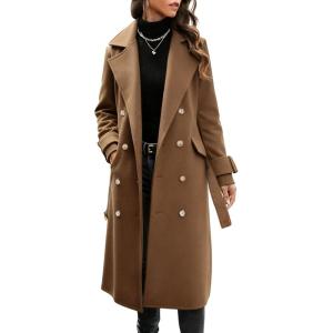 Hooever Women’s Long Wool Coat Fall Winter Notched Lapel Double Breasted Trench Coat Peacoat with Belt(Brown)