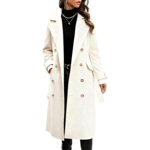 Hooever Women’s Long Wool Coat Fall Winter Notched Lapel Double Breasted Trench Coat Peacoat with Belt(Cream)