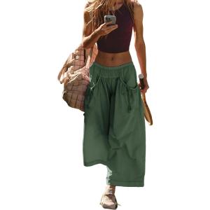 Hooever Women’s Loose Wide Leg Track Pants Drawstring Pockets Elastic Waist Capri Hiking Pants(Armygreen)
