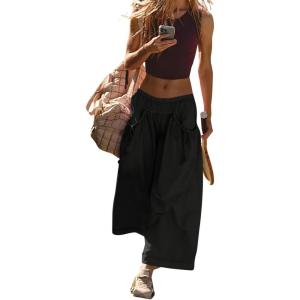 Hooever Women’s Loose Wide Leg Track Pants Drawstring Pockets Elastic Waist Capri Hiking Pants(Black)
