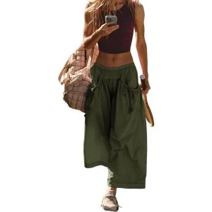 Hooever Women’s Loose Wide Leg Track Pants Drawstring Pockets Elastic Waist Capri Hiking Pants(Darkgreen)