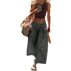 Hooever Women’s Loose Wide Leg Track Pants Drawstring Pockets Elastic Waist Capri Hiking Pants(Darkgrey)