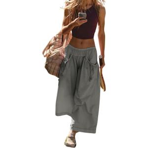 Hooever Women’s Loose Wide Leg Track Pants Drawstring Pockets Elastic Waist Capri Hiking Pants(Grey)