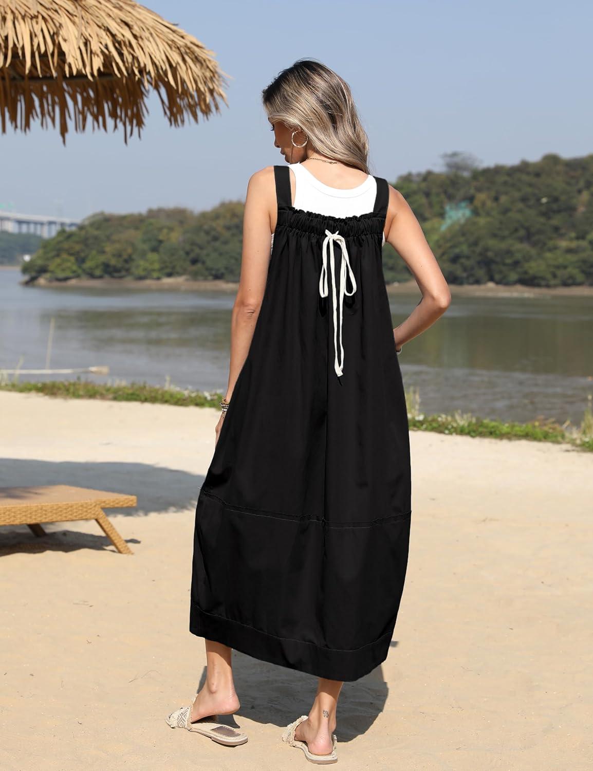 imageHooever Barrel Overall Dress for Women Loose Adjutable Strap Big Pockets Jumper Dress Midi Bib OverallBlack
