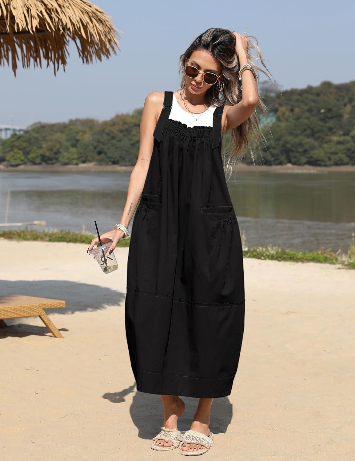 imageHooever Barrel Overall Dress for Women Loose Adjutable Strap Big Pockets Jumper Dress Midi Bib OverallBlack