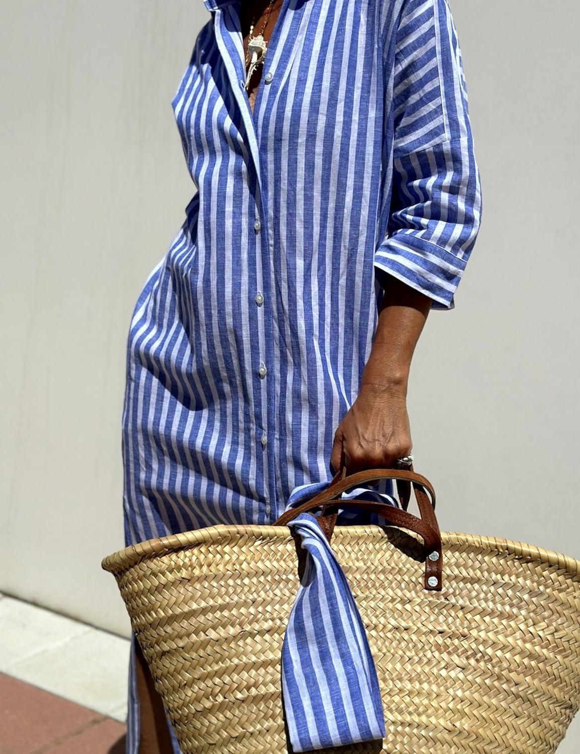 imageHooever Shirt Dresses for Women Casual Long Sleeve Button Down Loose Striped Cotton Maxi Shirt DressBlue