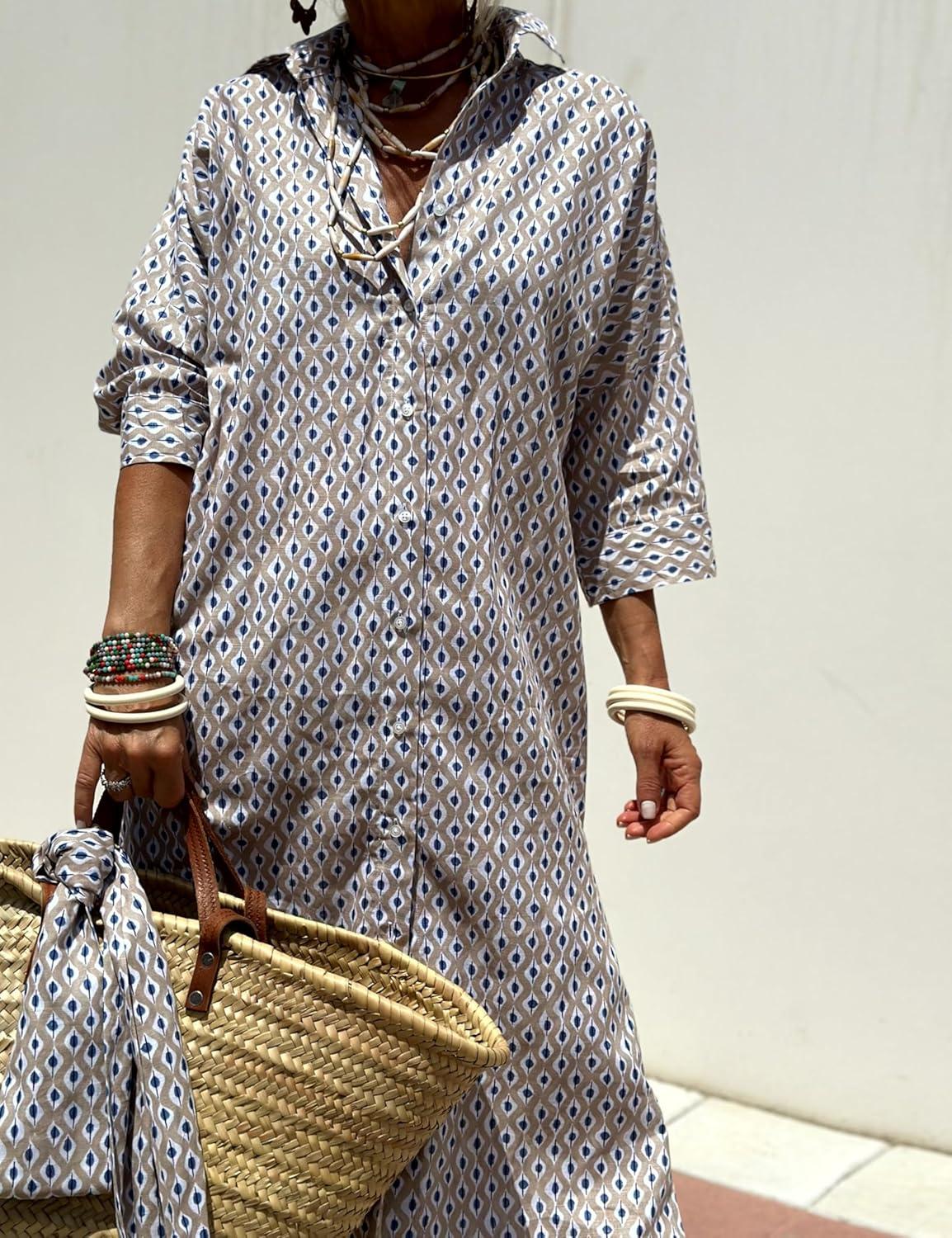 imageHooever Shirt Dresses for Women Casual Long Sleeve Button Down Loose Striped Cotton Maxi Shirt DressGreyprint