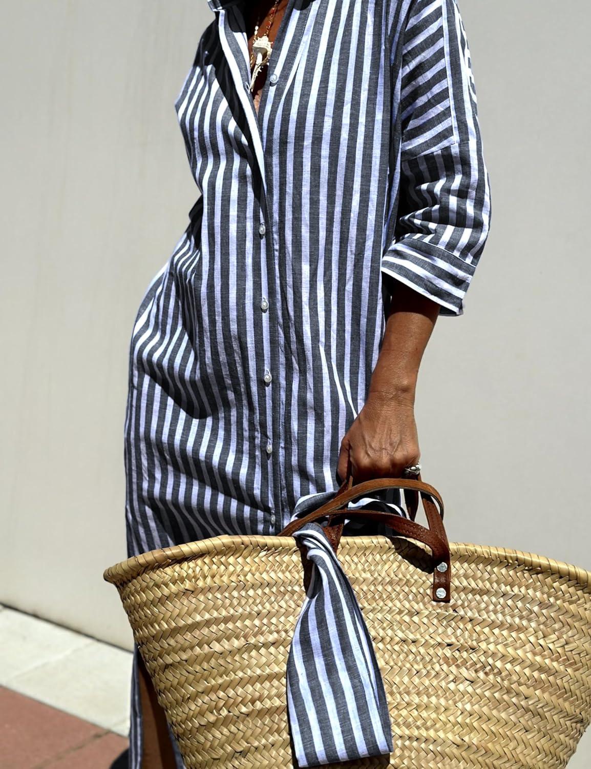 imageHooever Shirt Dresses for Women Casual Long Sleeve Button Down Loose Striped Cotton Maxi Shirt DressNavy