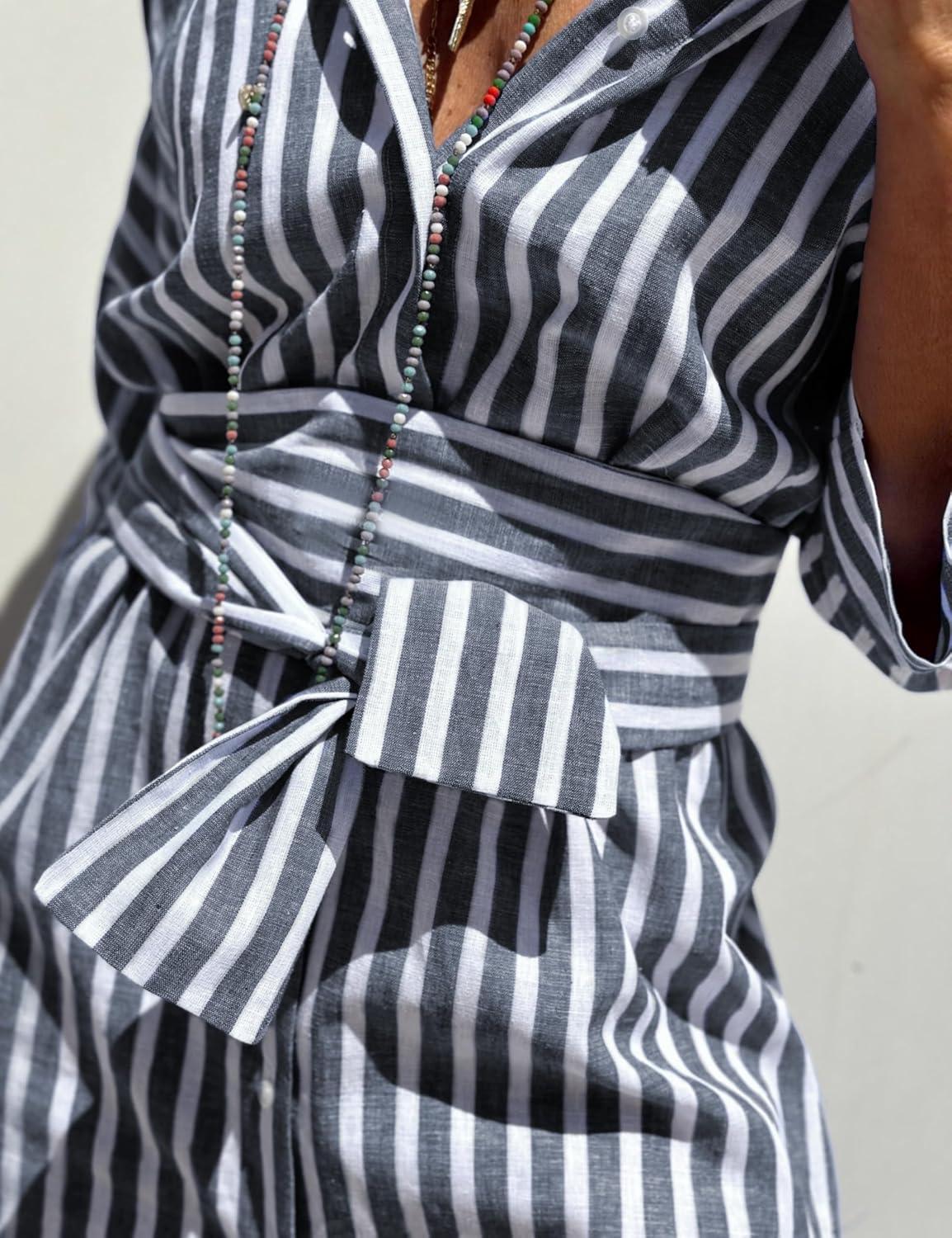 imageHooever Shirt Dresses for Women Casual Long Sleeve Button Down Loose Striped Cotton Maxi Shirt DressNavy