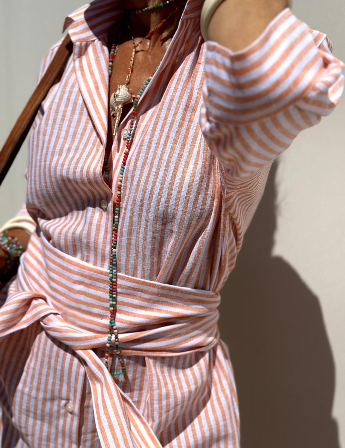 imageHooever Shirt Dresses for Women Casual Long Sleeve Button Down Loose Striped Cotton Maxi Shirt DressPink