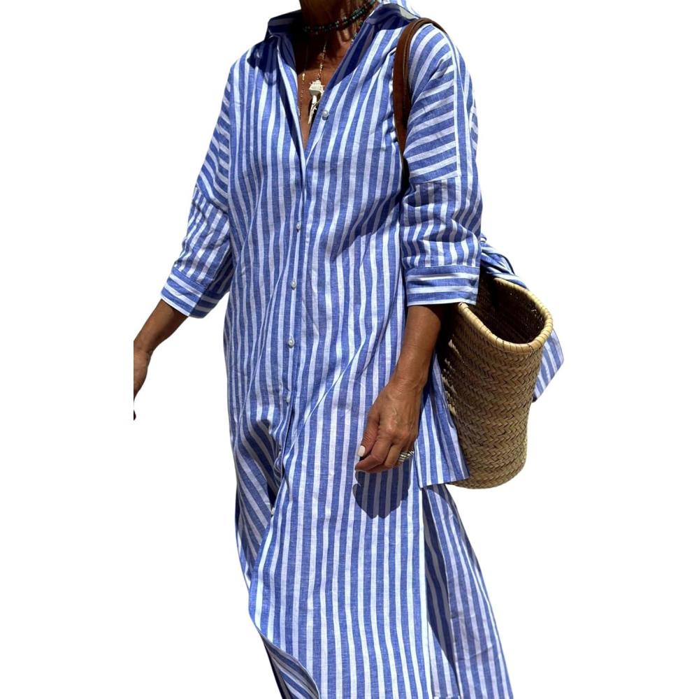 imageHooever Shirt Dresses for Women Casual Long Sleeve Button Down Loose Striped Cotton Maxi Shirt DressBlue