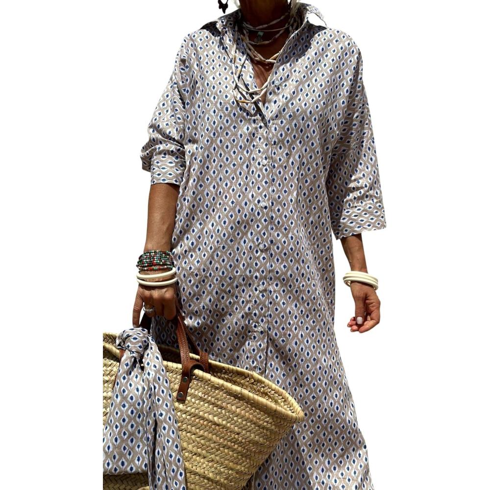 imageHooever Shirt Dresses for Women Casual Long Sleeve Button Down Loose Striped Cotton Maxi Shirt DressGreyprint