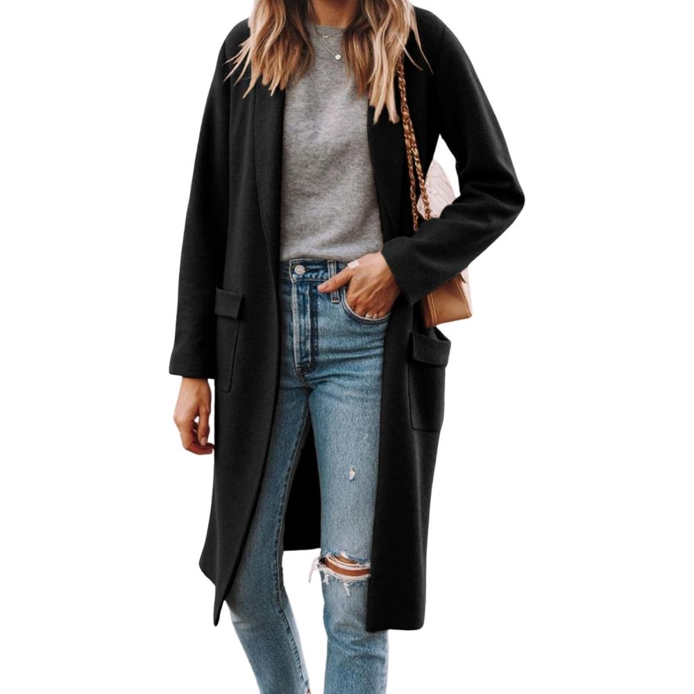 imageHooever Womens Long Cardigans Oversized Chunky Knit Coatigan Fall Trendy Open Front Sweater Jackets with PocketsBlack
