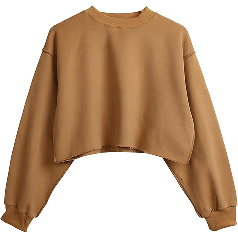 imageHooever Womens Pullover Cropped Sweatshirt Crewneck Long sleeve Fleece Basic TopsKhakiL