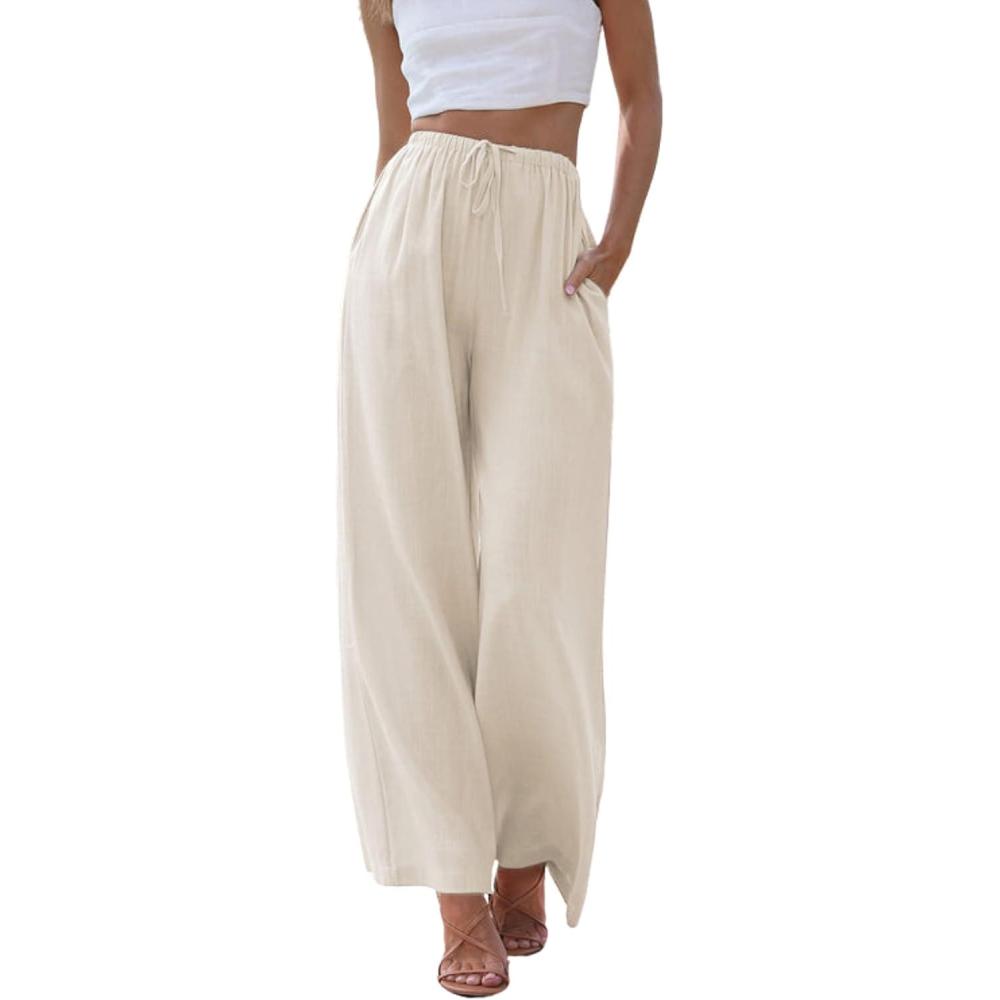 imageHooever Womens Wide Leg Cotton Linen Pants High Waist Adjustable Tie Knot Lounge TrousersApricot