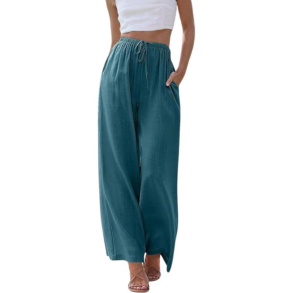 imageHooever Womens Wide Leg Cotton Linen Pants High Waist Adjustable Tie Knot Lounge TrousersBlue