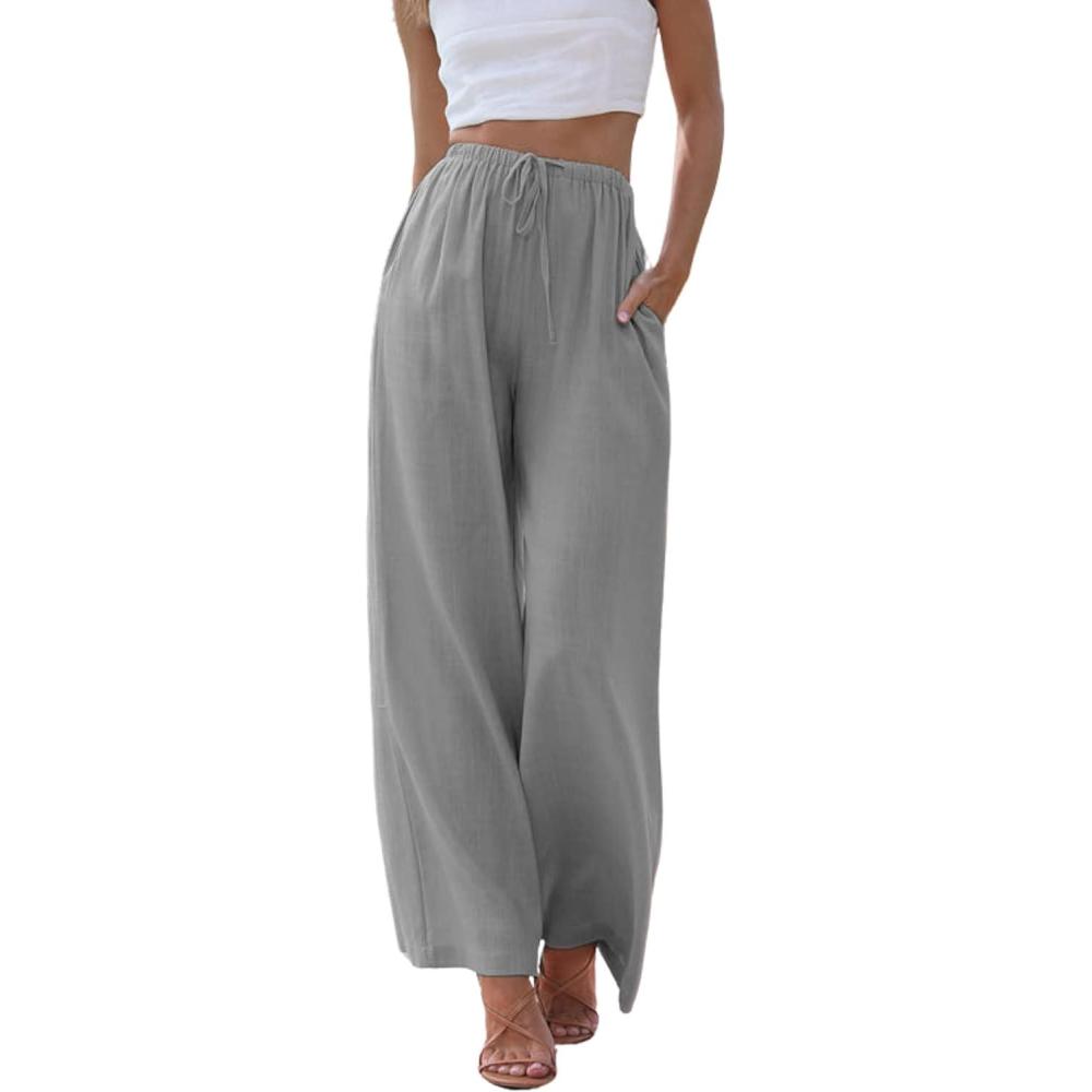 imageHooever Womens Wide Leg Cotton Linen Pants High Waist Adjustable Tie Knot Lounge TrousersGrey