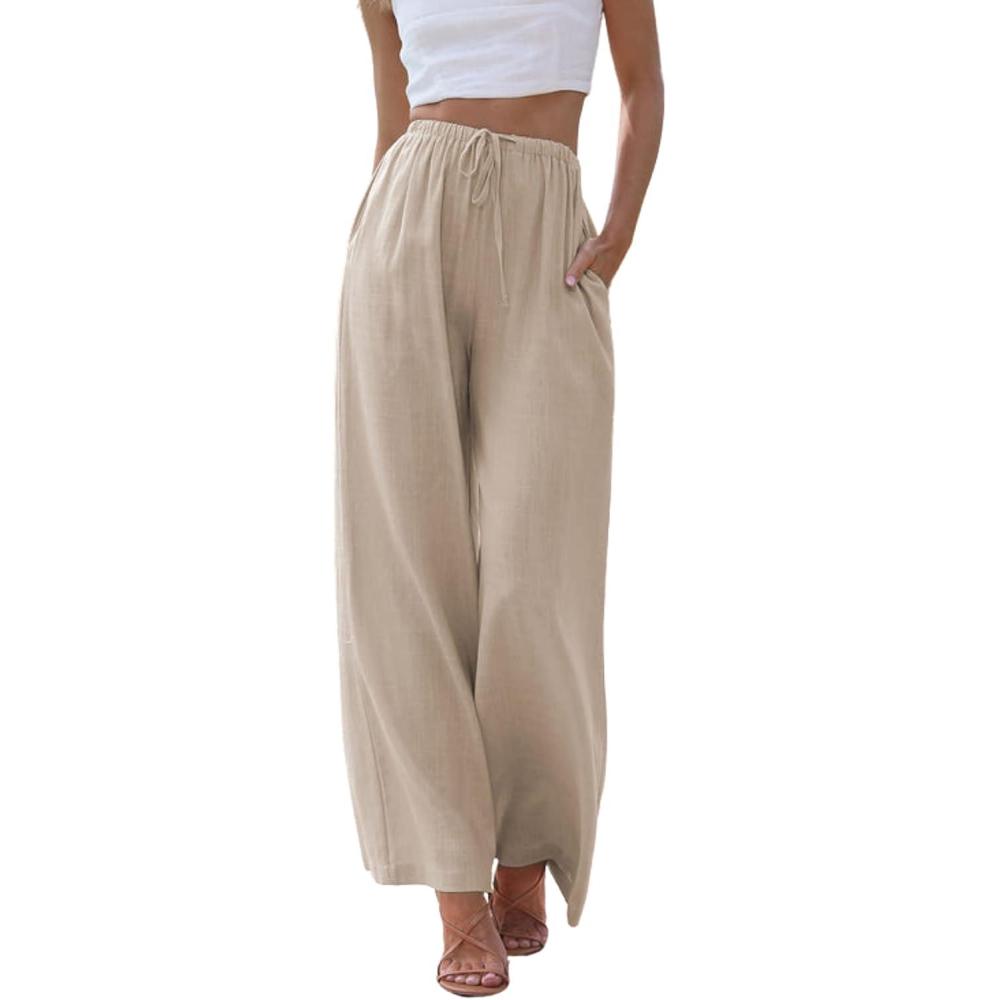 imageHooever Womens Wide Leg Cotton Linen Pants High Waist Adjustable Tie Knot Lounge TrousersKhaki