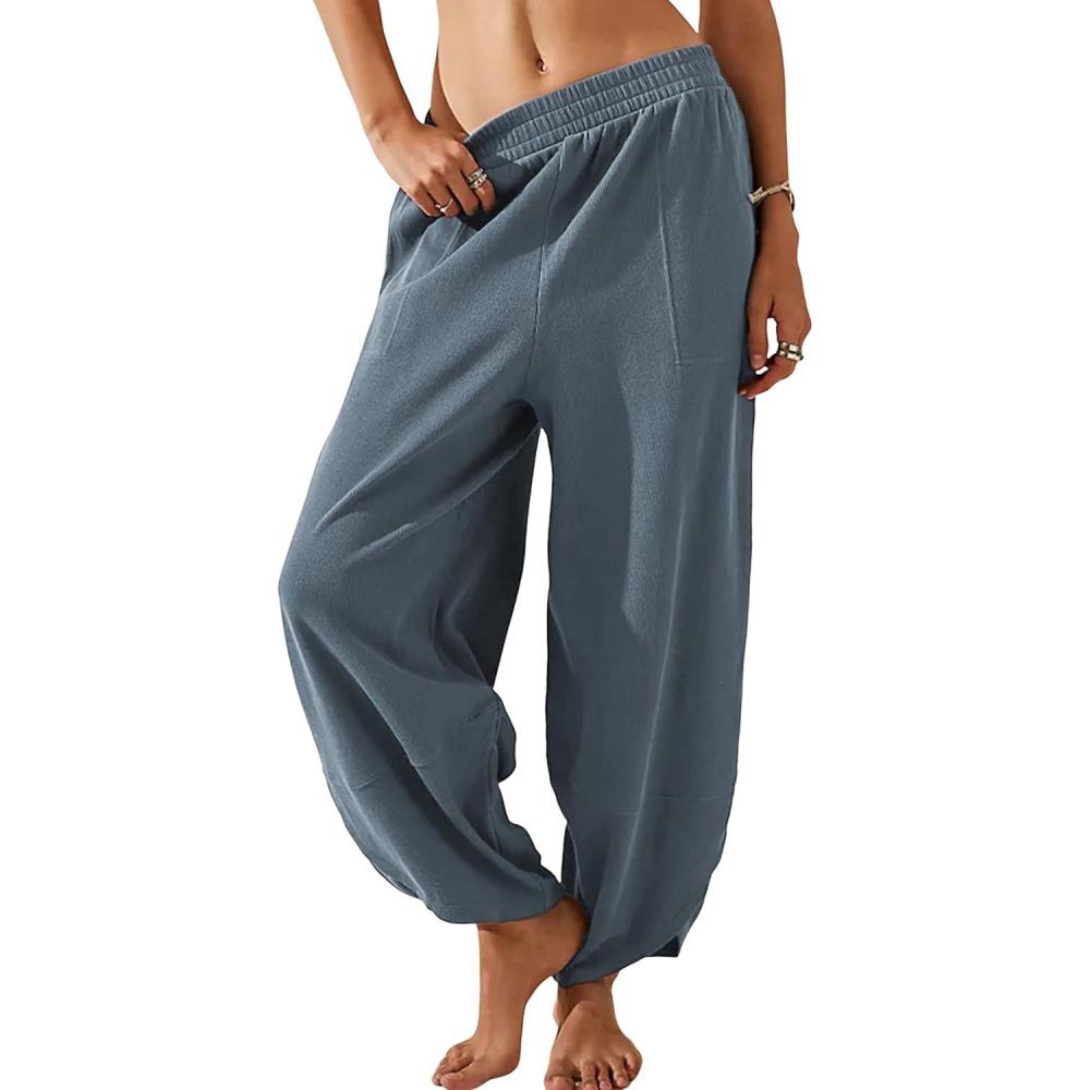 imageHooever Womens Wide Leg Harem Pants Baggy Elastic Waisted Cotton Palazzo Pants Summer Beach Trousers