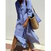 Hooever Shirt Dresses for Women Casual Long Sleeve Button Down Loose Striped Cotton Maxi Shirt Dress(Blue)