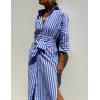 Hooever Shirt Dresses for Women Casual Long Sleeve Button Down Loose Striped Cotton Maxi Shirt Dress(Blue)