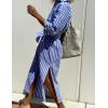 Hooever Shirt Dresses for Women Casual Long Sleeve Button Down Loose Striped Cotton Maxi Shirt Dress(Blue)