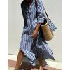 Hooever Shirt Dresses for Women Casual Long Sleeve Button Down Loose Striped Cotton Maxi Shirt Dress(Navy)