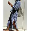 Hooever Shirt Dresses for Women Casual Long Sleeve Button Down Loose Striped Cotton Maxi Shirt Dress(Navy)