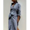 Hooever Shirt Dresses for Women Casual Long Sleeve Button Down Loose Striped Cotton Maxi Shirt Dress(Navy)
