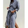 Hooever Shirt Dresses for Women Casual Long Sleeve Button Down Loose Striped Cotton Maxi Shirt Dress(Navy)