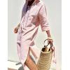 Hooever Shirt Dresses for Women Casual Long Sleeve Button Down Loose Striped Cotton Maxi Shirt Dress(Pink)