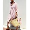Hooever Shirt Dresses for Women Casual Long Sleeve Button Down Loose Striped Cotton Maxi Shirt Dress(Pink)