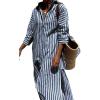 Hooever Shirt Dresses for Women Casual Long Sleeve Button Down Loose Striped Cotton Maxi Shirt Dress(Navy)