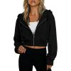 Hooever Womens Cute Workout Cropped Zip Up Drawstring Hoodie Sweatshirt Jacket(Black)
