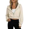 Hooever Womens Cute Workout Cropped Zip Up Drawstring Hoodie Sweatshirt Jacket(Khaki)