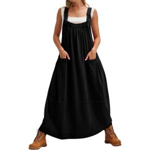 Hooever Barrel Overall Dress for Women Loose Adjutable Strap Big Pockets Jumper Dress Midi Bib Overall(Black)