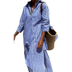 Hooever Shirt Dresses for Women Casual Long Sleeve Button Down Loose Striped Cotton Maxi Shirt Dress(Blue)