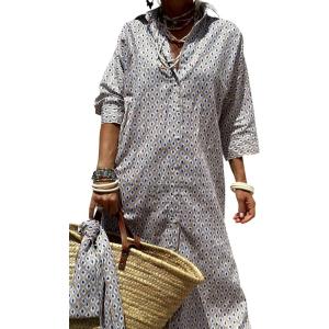 Hooever Shirt Dresses for Women Casual Long Sleeve Button Down Loose Striped Cotton Maxi Shirt Dress(Greyprint)