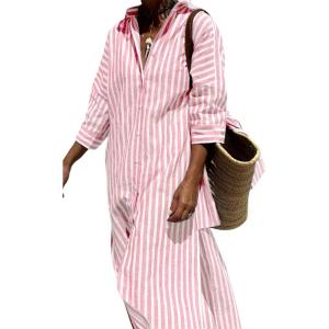 Hooever Shirt Dresses for Women Casual Long Sleeve Button Down Loose Striped Cotton Maxi Shirt Dress(Pink)